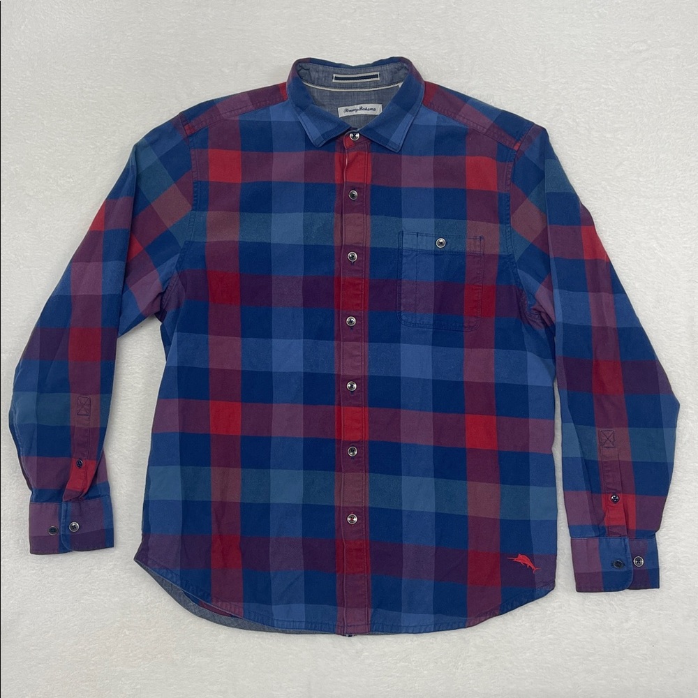 Tommy Bahama Plaid Button Shirt Red‎ Blue sz Large